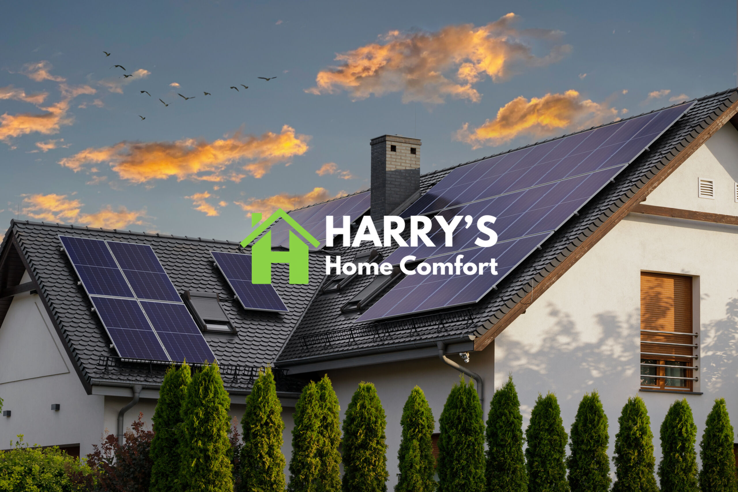 Harry's Home Comfort technician beside an outdoor HVAC system